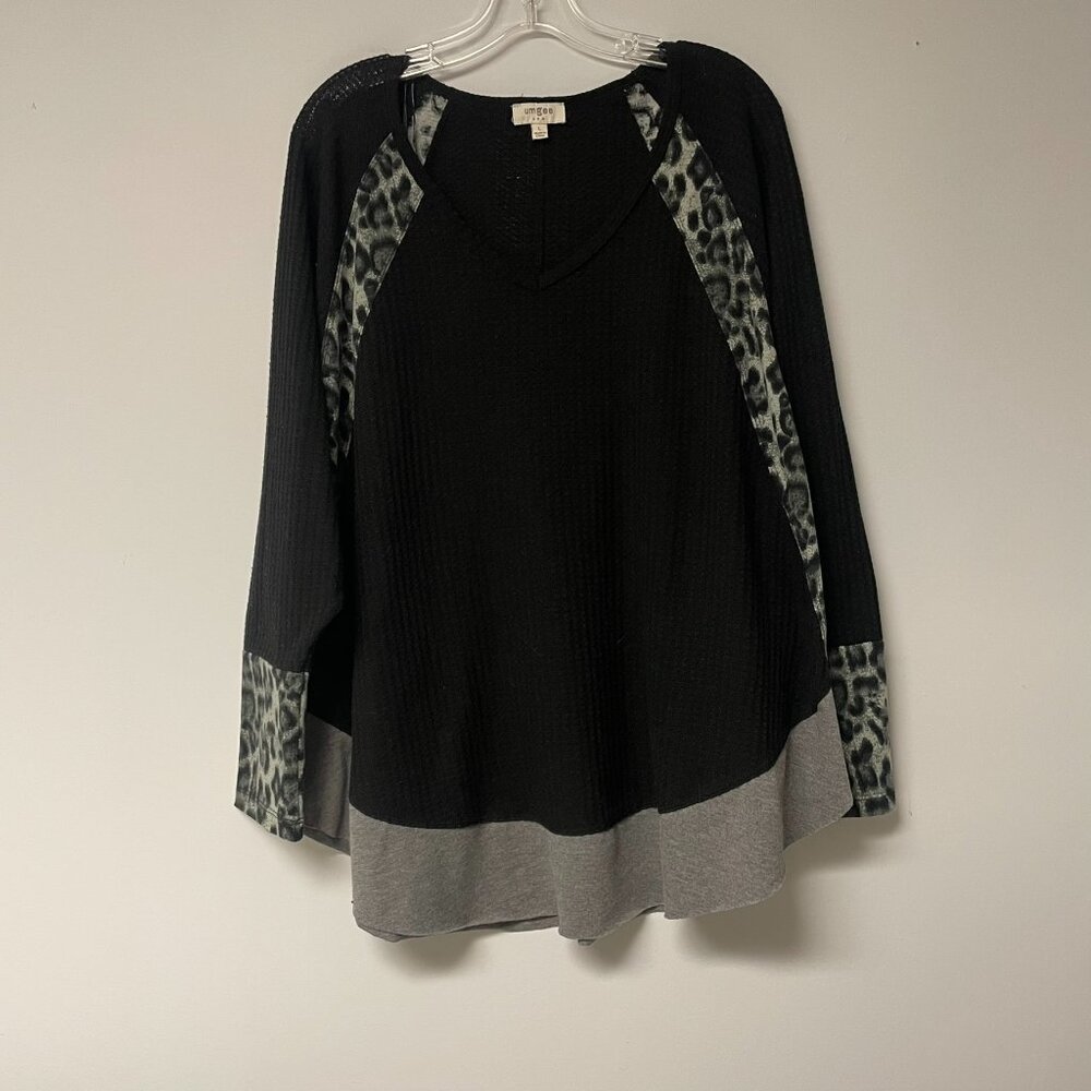 Umgee Womens Sze Large Black Waffle Leopard Print Dolman Sleeve Top Mixed Media